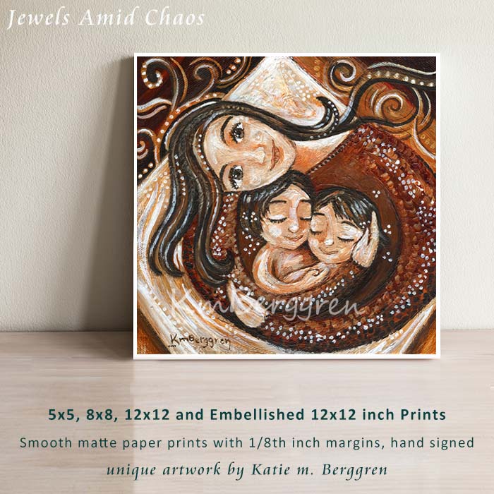 Customized art print of mother with two children, brunette children and mom, brother sister artwork, mom and 2 daughters art print, latina mom art, latinx art print, mother and two kids art print, The safe reliability of mother's arms, a respite amid the craziness of the world