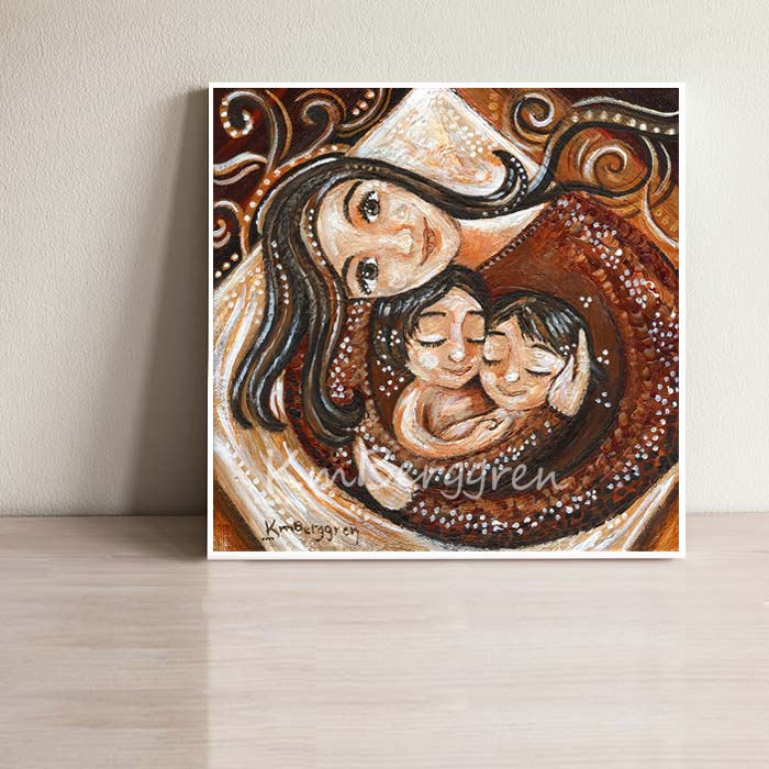 Customized art print of mother with two children, brunette children and mom, brother sister artwork, mom and 2 daughters art print, latina mom art, latinx art print, mother and two kids art print, The safe reliability of mother's arms, a respite amid the craziness of the world