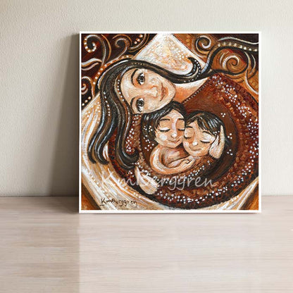 Customized art print of mother with two children, brunette children and mom, brother sister artwork, mom and 2 daughters art print, latina mom art, latinx art print, mother and two kids art print, The safe reliability of mother's arms, a respite amid the craziness of the world