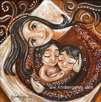 Customized art print of mother with two children, brunette children and mom, brother sister artwork, mom and 2 daughters art print, latina mom art, latinx art print, mother and two kids art print, The safe reliability of mother's arms, a respite amid the craziness of the world