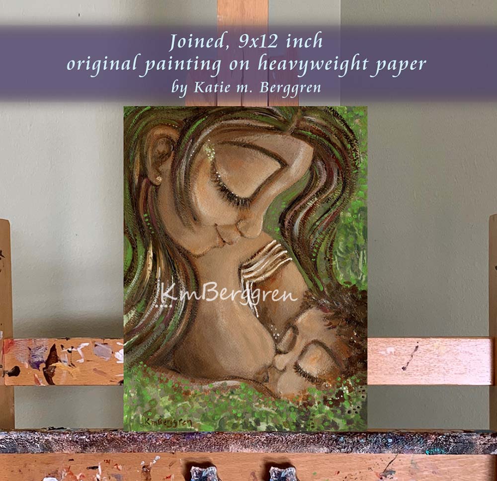 black mother nursing baby in lush green background, original painting on heavy paper by KmBerggren