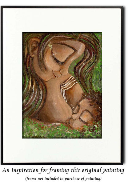 black mother nursing baby in lush green background, original painting on heavy paper by KmBerggren
