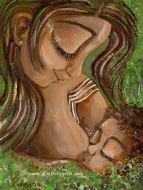 black mother nursing baby in lush green background, original painting on heavy paper by KmBerggren