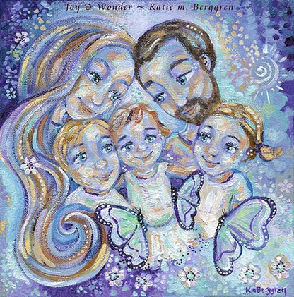 mother and father with three children and butterflies painting, art of mom and dad and t hree children, family of five painting, blue and purple original painting, parents 3 kids painting