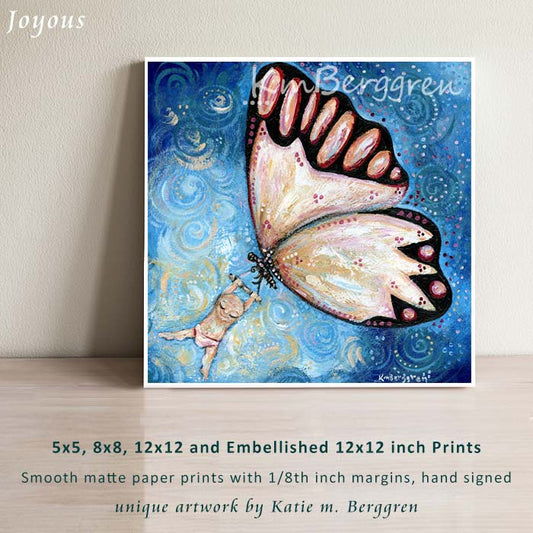 joyful baby in pink diaper swinging from a big butterfly, blue background, pink wings