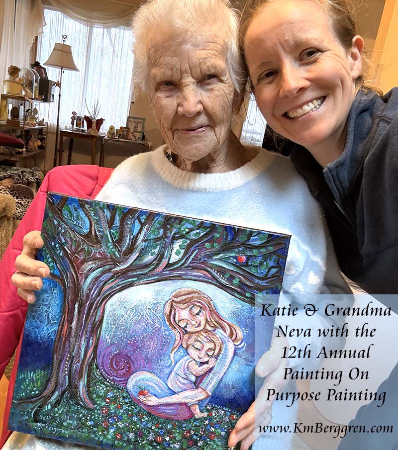 all proceeds to charity! Mother and child sitting beneath an apple tree, highly textured imaginative artwork by kmberggren, intimate motherhood artwork, memories and inspiration painting