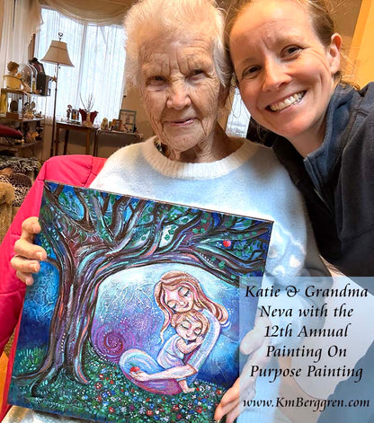 all proceeds to charity! Mother and child sitting beneath an apple tree, highly textured imaginative artwork by kmberggren, intimate motherhood artwork, memories and inspiration painting