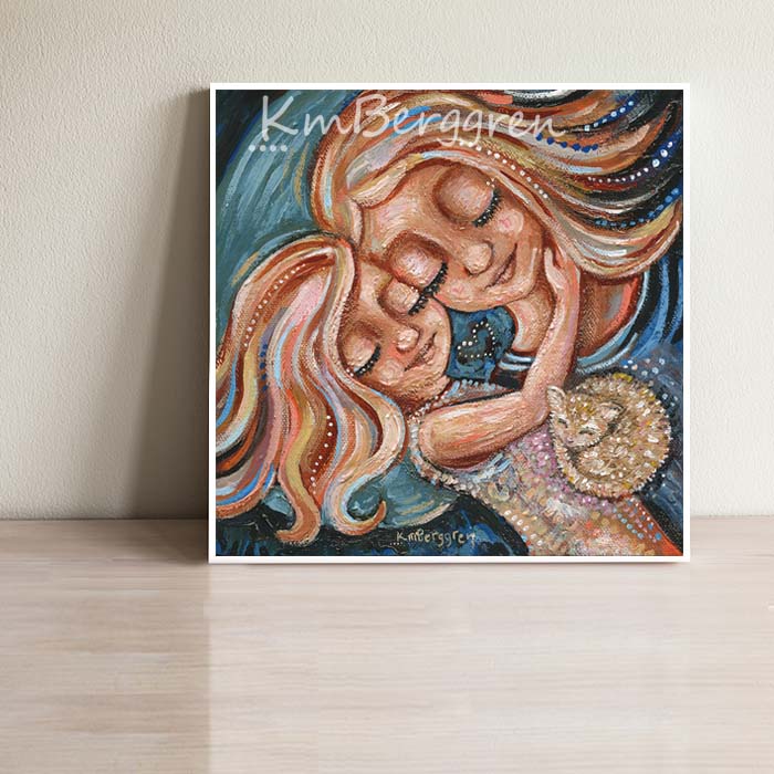 blonde mother and daughter artwork painting of mom and little girl sleeping with cat, co-sleeping artwork, mommy and little girl napping art print, frameable artwork, kmberggren