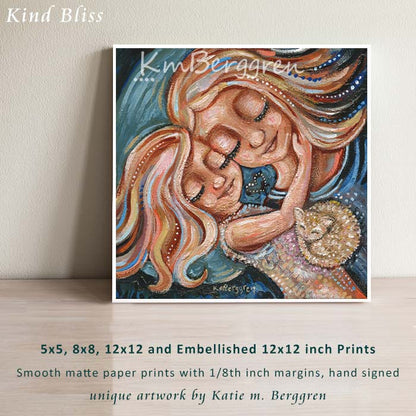 blonde mother and daughter artwork painting of mom and little girl sleeping with cat, co-sleeping artwork, mommy and little girl napping art print, frameable artwork, kmberggren