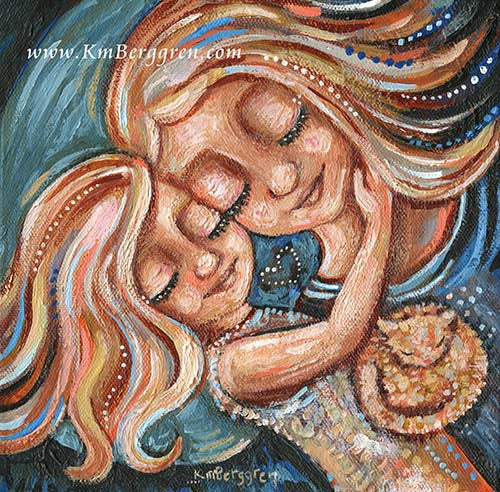 blonde mother and daughter artwork painting of mom and little girl sleeping with cat, co-sleeping artwork, mommy and little girl napping painting, kmberggren