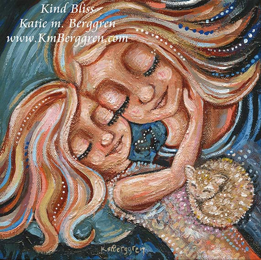 blonde mother and daughter artwork painting of mom and little girl sleeping with cat, co-sleeping artwork, mommy and little girl napping art print, frameable artwork, kmberggren