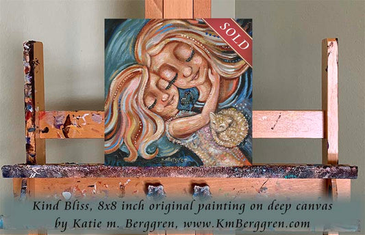 blonde mother and daughter artwork painting of mom and little girl sleeping with cat, co-sleeping artwork, mommy and little girl napping art print, frameable artwork, kmberggren