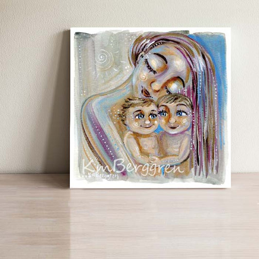 Two sweet children art print, blue eyed babies - choose an embellished print if you'd like the eye colors changed! Mother of 2 children mother's day gift. Meaningful gift for a mother with two children.  Pink and blue art print. Limited Edition option.