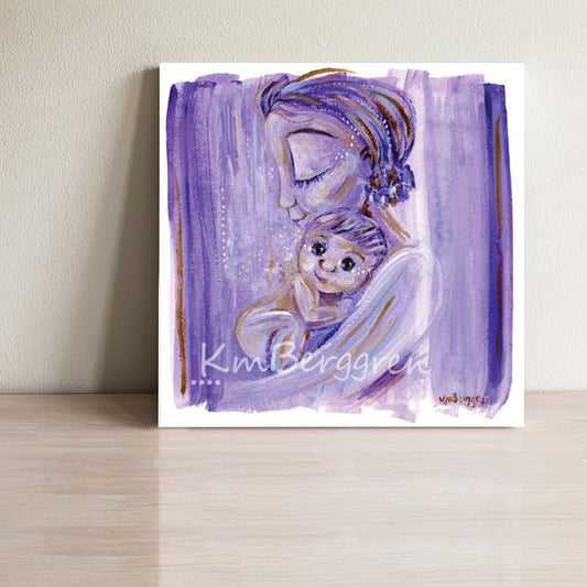 purple lavender mommy and baby art print, unique meaningful art print gifts for mom, gentle mother artwork, vibrant purple artwork