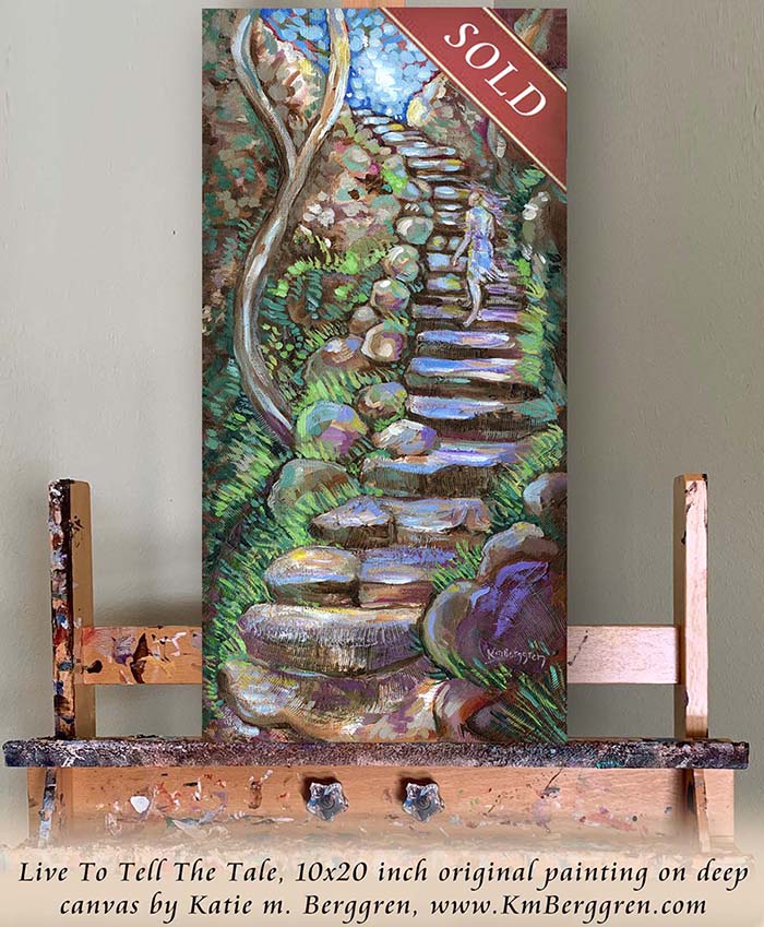 progress of woman climbing stone steps original painting by kmberggren, paintings of women, hopeful artwork, inspirational artwork for women, gifts for mom, art for women, paintings of stairs in nature, paintings of trees, paintings of rocks, kimberggren, kmberggren, katie berggren