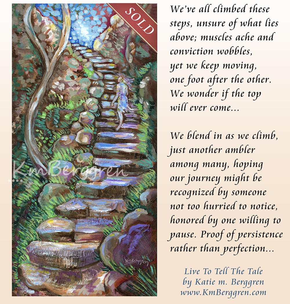 woman climbing stone steps original painting by kmberggren, paintings of women, hopeful artwork, inspirational artwork for women, gifts for mom, art for women, paintings of stairs in nature, paintings of trees, paintings of rocks, kimberggren, kmberggren, katie berggren