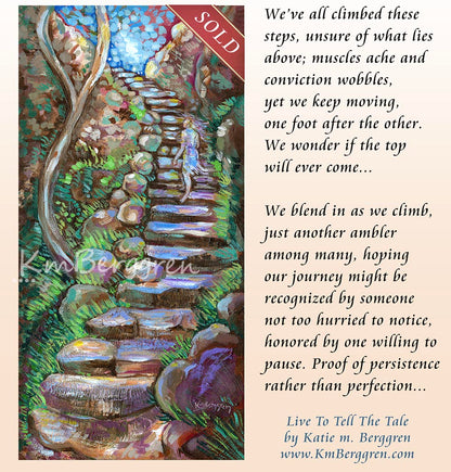 woman climbing stone steps original painting by kmberggren, paintings of women, hopeful artwork, inspirational artwork for women, gifts for mom, art for women, paintings of stairs in nature, paintings of trees, paintings of rocks, kimberggren, kmberggren, katie berggren