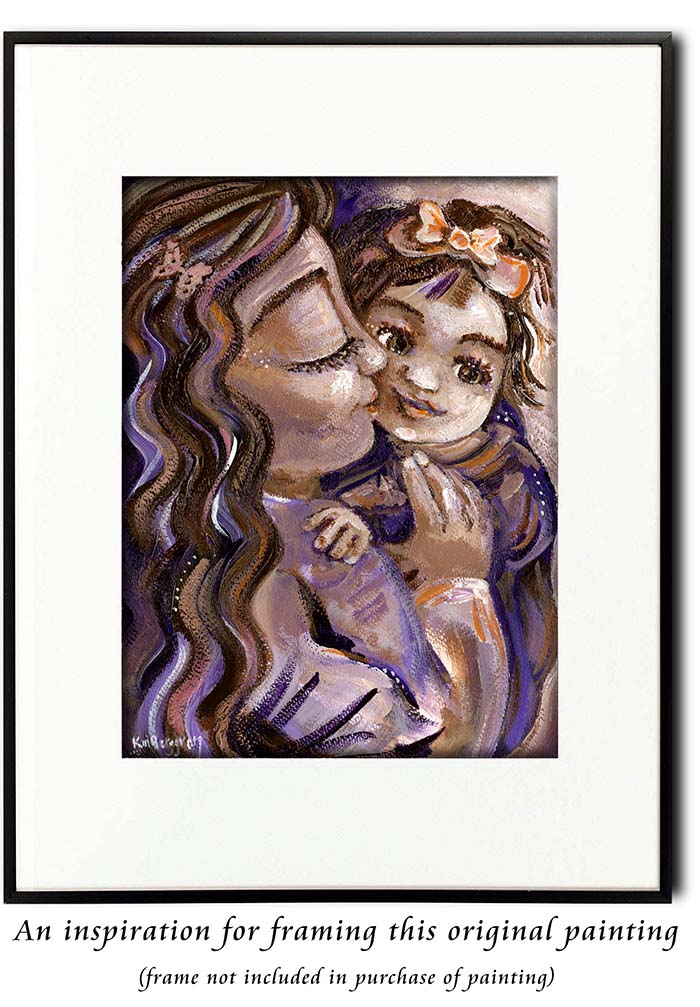 brunette mother and daughter, purple with bow and butterfly, kissing daughter original painting KmBerggren