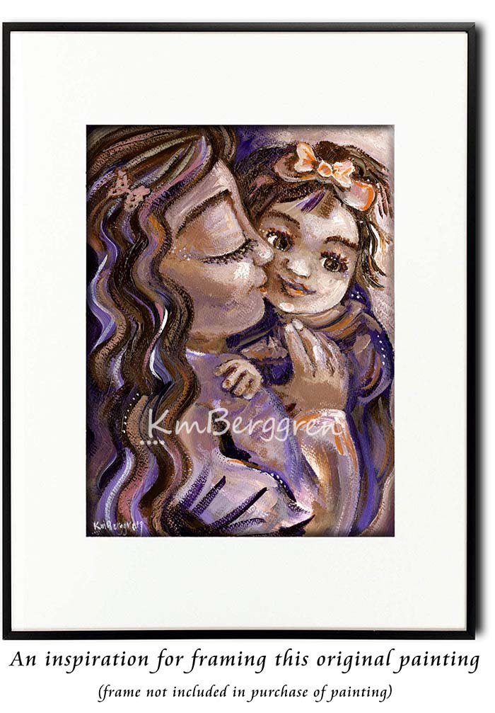 brunette mother and daughter, purple with bow and butterfly, kissing daughter original painting KmBerggren