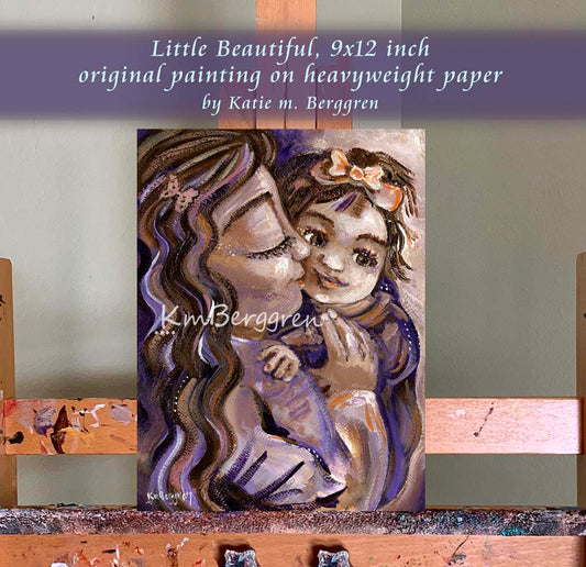 brunette mother and daughter, purple with bow and butterfly, kissing daughter original painting KmBerggren