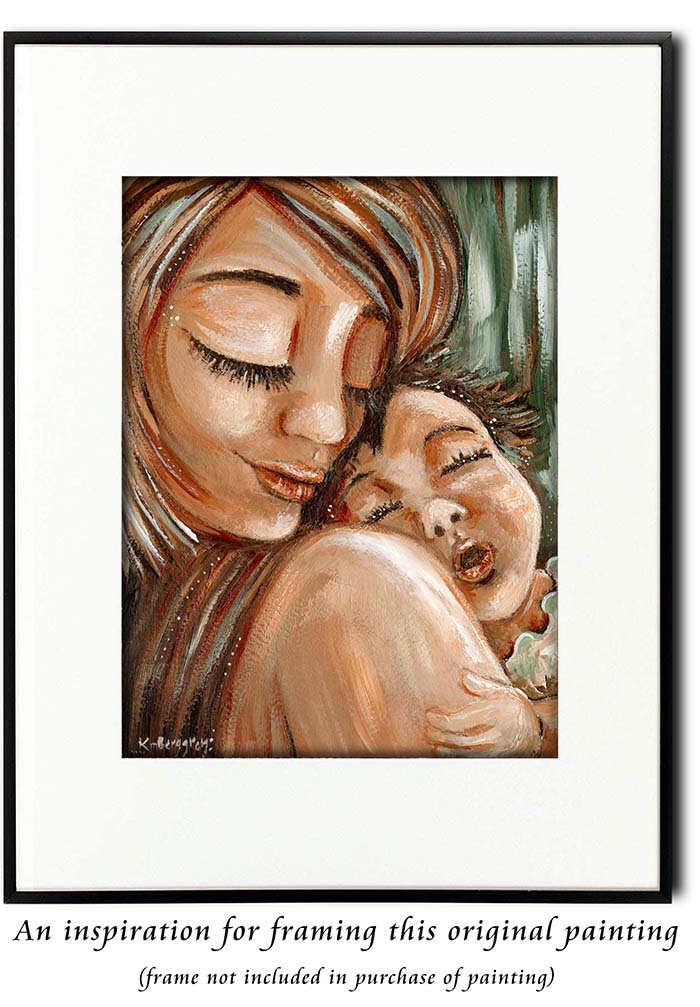 mother holding sleeping child on shoulder, original painting on heavy paper of mom and baby by KmBerggren