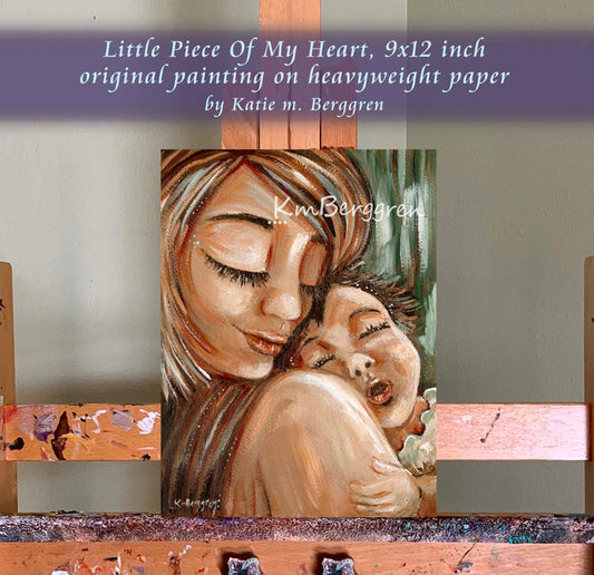 mother holding sleeping child on shoulder, original painting on heavy paper of mom and baby by KmBerggren
