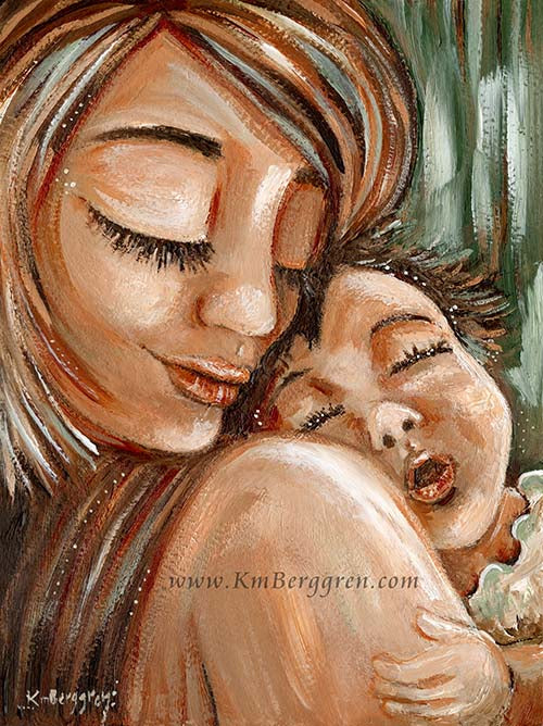 mother holding sleeping child on shoulder, original painting on heavy paper of mom and baby by KmBerggren