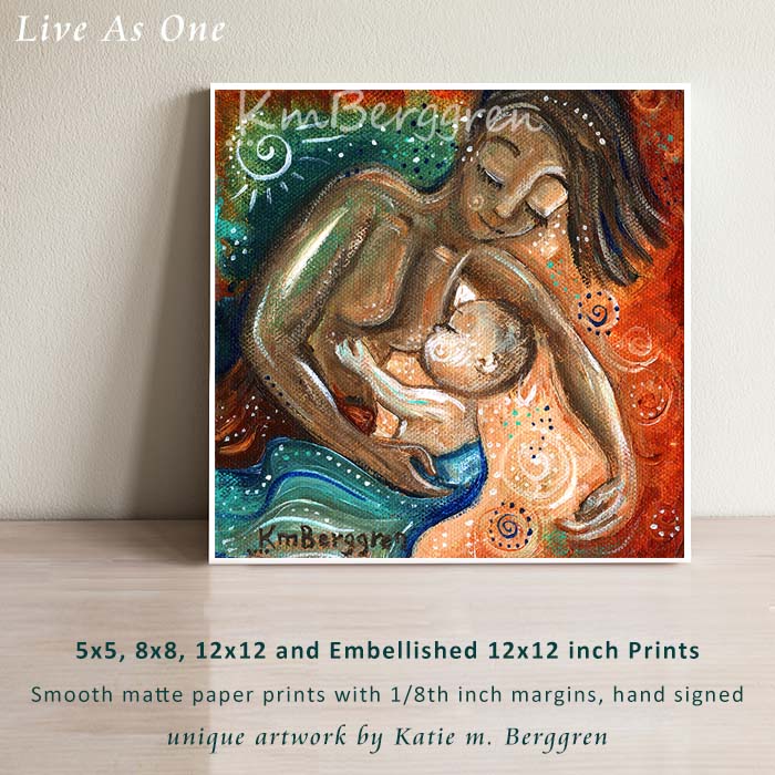 Biracial artwork of mother nursing light skinned baby, with green and red background by KmBerggren, Gentle mother and biracial child breastfeeding, black mother and bi-racial child nursing.