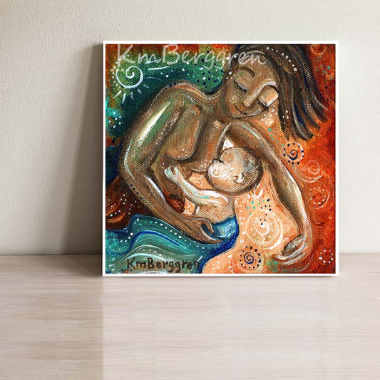 Biracial artwork of mother nursing light skinned baby, with green and red background by KmBerggren, Gentle mother and biracial child breastfeeding, black mother and bi-racial child nursing.