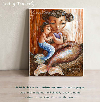 Mermaid Mother & Child Gentle Heart Red & Orange with Purple Heart Art Print On Heavy Paper - KmBerggren