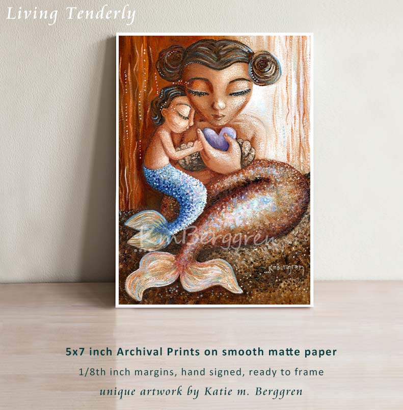 Mermaid Mother & Child Gentle Heart Red & Orange with Purple Heart Art Print On Heavy Paper - KmBerggren