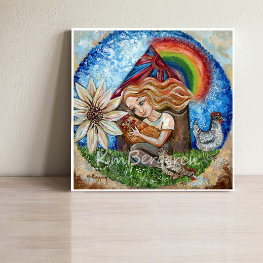 Art Print showing little girl holding a chicken with a rainbow and a chicken house in the background by KmBerggren