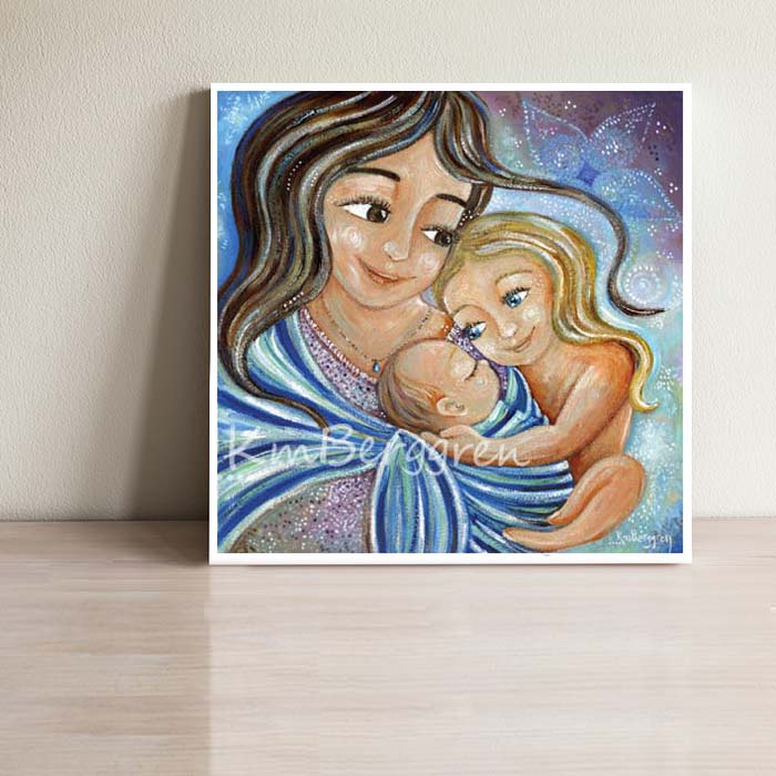 babywearing artwork by KmBerggren brown haired mother with blonde daughter and new baby in sling