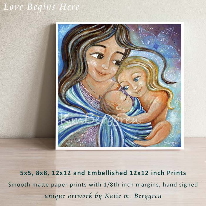 babywearing artwork by KmBerggren brown haired mother with blonde daughter and new baby in sling