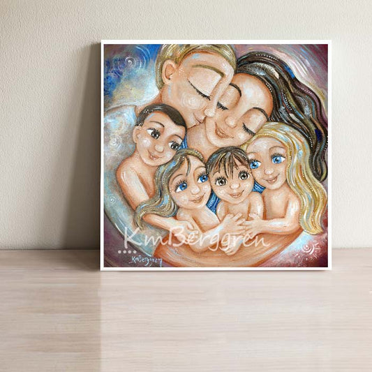 blonde dad, brunette mom and four children, 2 girls 2 boys mom and dad, mother father 4 kids, big family artwork, painting of family of 6, kmberggren loving artwork gifts for moms