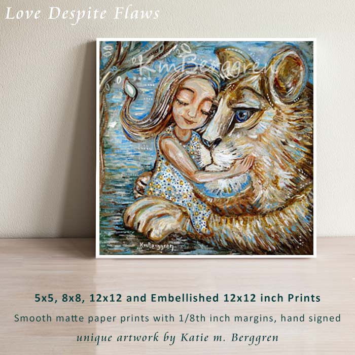 Little girl and lion artwork with blue background, soft gentle art by Katie m. Berggren