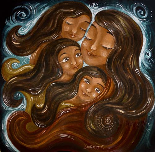 indian mother with three daughters wrapped in red and gold robes, brown eyes, brown hair, blue swirls, kmberggren