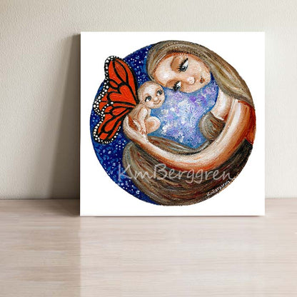 Little Bald Angel Baby Touching forehead to Mom's Face CIRCLE Art Print, Orange Monarch Winged Baby sitting in mama's lap, KmBerggren art