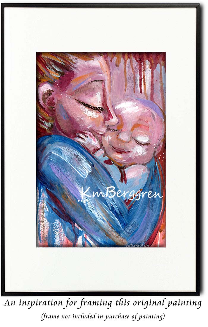 bright blue and magenta mother and new baby artwork, vibrant lively painting of woman and baby by KmBerggren