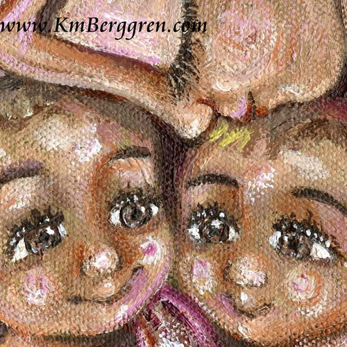 blonde mother with two little children in her lap, light brown hair boys, twin boys, brown eyed children, embrace of mother, kissing head, mommy of boys, boy mommy, original painting, trees magical forest, gift for mom of boys for mothers day by kmberggren