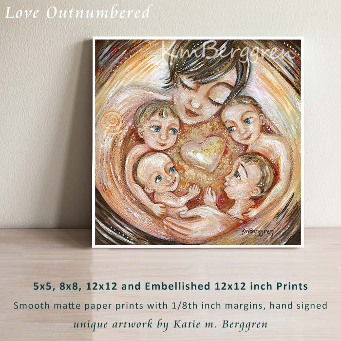 short brown haired mom artwork with four children, four boys by KmBerggren