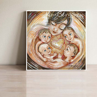 short brown haired mom artwork with four children, four boys by KmBerggren