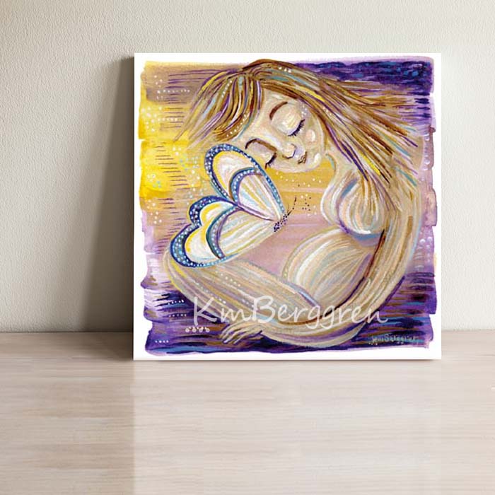 Pregnant mother with purple and yellow butterfly. Inspiring and comforting art prints for mom pregnant with her rainbow baby, blonde mother, watercolor background, yellow and violet nurturing comforting art print, kmberggren