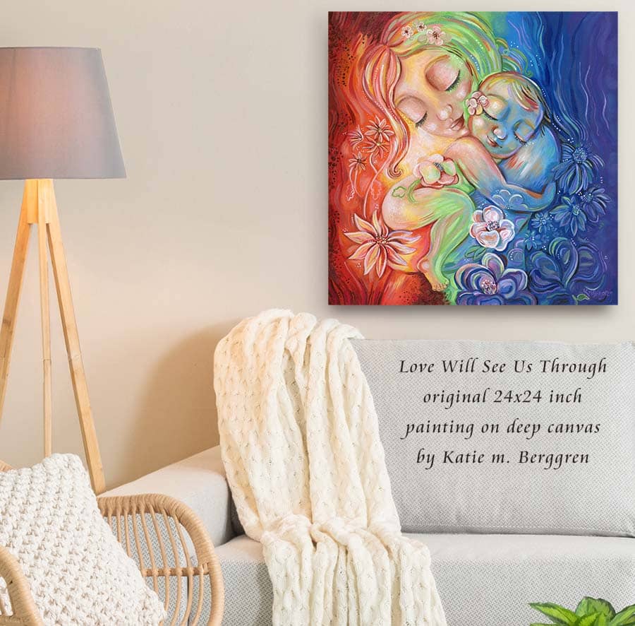 Gorgeous Mommy Holding a Naked Baby Original Art with flowers, Vibrant Rainbow Painting by Katie m. Berggren, rainbow flowers and leaves, sun and water vibrant painting