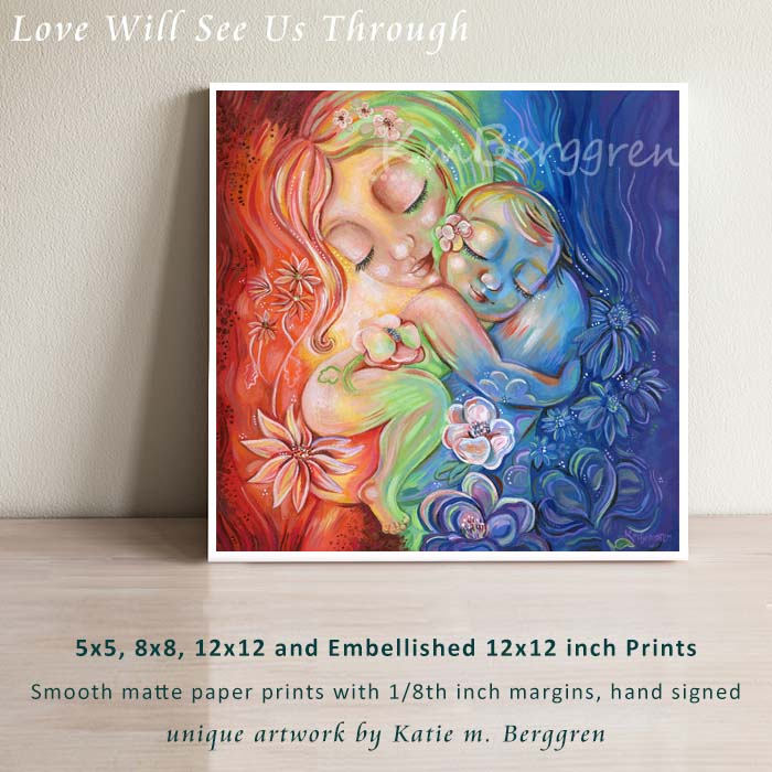 Gorgeous Mommy Holding a Naked Baby Art Print with flowers, Vibrant Rainbow Painting by Katie m. Berggren, rainbow flowers and leaves, sun and water vibrant painting