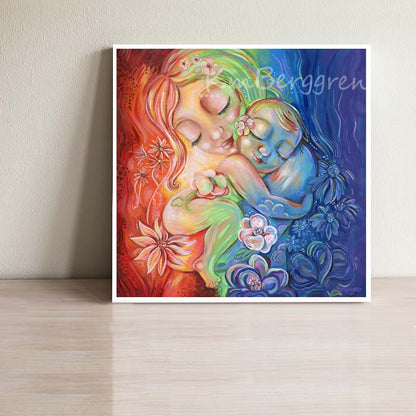 Gorgeous Mommy Holding a Naked Baby Art Print with flowers, Vibrant Rainbow Painting by Katie m. Berggren, rainbow flowers and leaves, sun and water vibrant painting