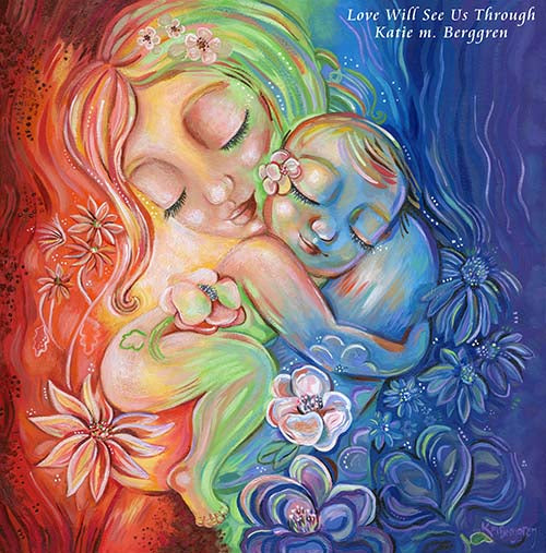 Gorgeous Mommy Holding a Naked Baby Original Art with flowers, Vibrant Rainbow Painting by Katie m. Berggren, rainbow flowers and leaves, sun and water vibrant painting