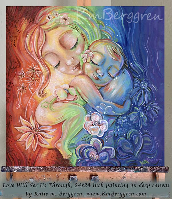 Gorgeous Mommy Holding a Naked Baby Original Art with flowers, Vibrant Rainbow Painting by Katie m. Berggren, rainbow flowers and leaves, sun and water vibrant painting