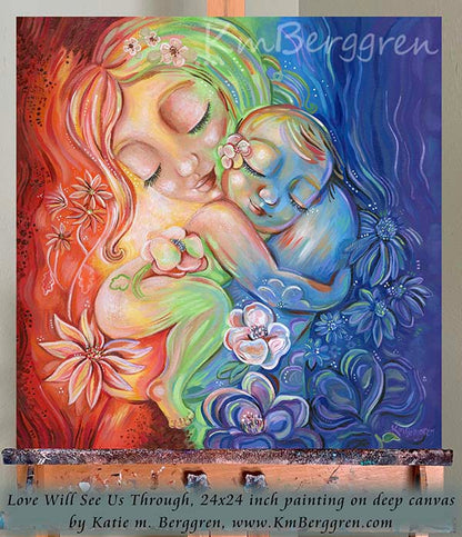 Gorgeous Mommy Holding a Naked Baby Original Art with flowers, Vibrant Rainbow Painting by Katie m. Berggren, rainbow flowers and leaves, sun and water vibrant painting