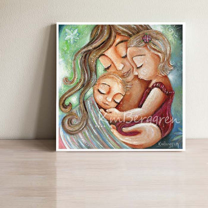 green blue and red artwork of mother wearing baby in front pack while holding girl by KmBerggren